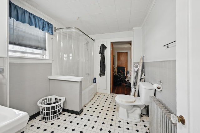 107 Northern Ave, Augusta, ME 04330 - full bath with shower / bath combination with curtain, tile walls, toilet, radiator, and ornamental molding