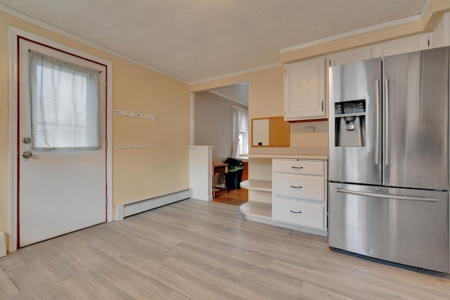 99 Ocean Park Rd, Saco, ME 04072 - kitchen featuring open shelves, crown molding, stainless steel refrigerator with ice dispenser, baseboard heating, and white cabinetry