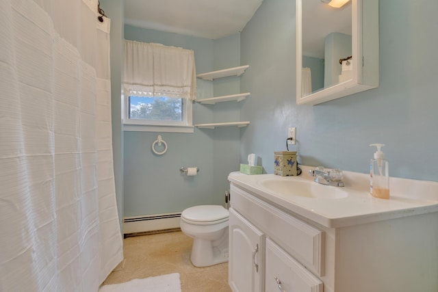 99 Ocean Park Rd, Saco, ME 04072 - full bathroom featuring a baseboard heating unit, toilet, vanity, and a shower with shower curtain
