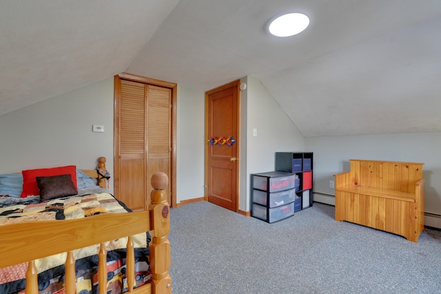 99 Ocean Park Rd, Saco, ME 04072 - bedroom featuring a baseboard radiator, vaulted ceiling, and carpet flooring
