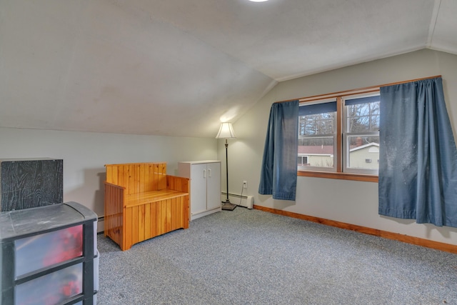 99 Ocean Park Rd, Saco, ME 04072 - additional living space with vaulted ceiling, baseboards, carpet, and a baseboard radiator