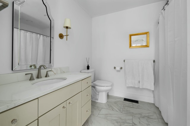 full bathroom featuring visible vents, marble finish floor, vanity, and toilet