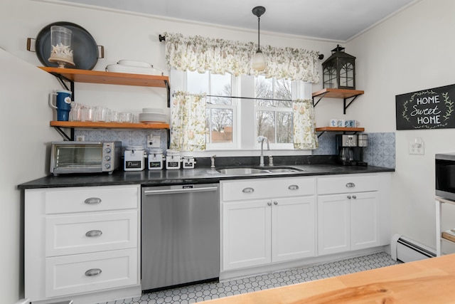 kitchen with a toaster, open shelves, stainless steel dishwasher, a sink, and baseboard heating