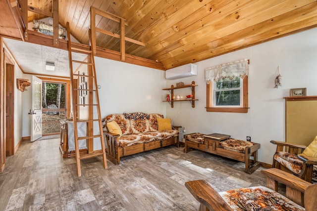 76 Cottage Shore Dr, Holden, ME 04429 - living area featuring hardwood / wood-style floors, baseboards, a wall mounted air conditioner, wooden ceiling, and lofted ceiling with beams