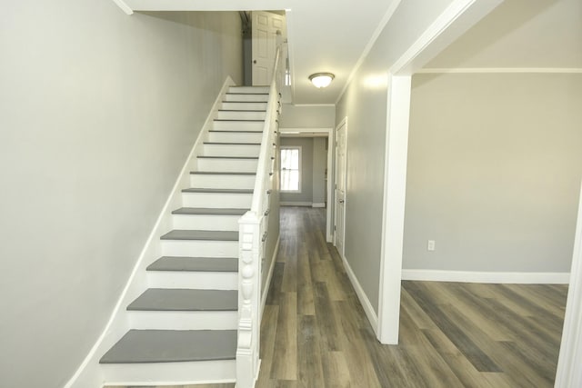 27 Church St, Livermore Falls, ME 04254 - staircase featuring baseboards, ornamental molding, and wood finished floors
