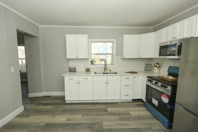 27 Church St, Livermore Falls, ME 04254 - kitchen featuring crown molding, tasteful backsplash, a sink, light countertops, and appliances with stainless steel finishes