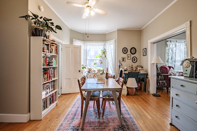 dining space with ceiling fan, ornamental molding, and light wood-style flooring