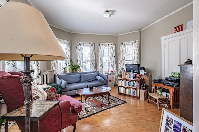 living area featuring light wood-type flooring and ornamental molding