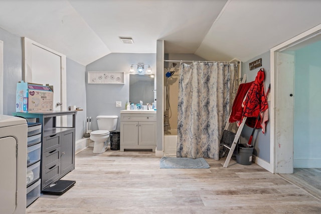 395 Hatch Rd, Auburn, ME 04210 - bathroom featuring curtained shower, wood finished floors, lofted ceiling, vanity, and toilet