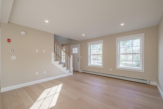 48 Highland Ave, Scarborough, ME 04074 - entryway featuring baseboard heating, baseboards, stairway, and light wood-style flooring