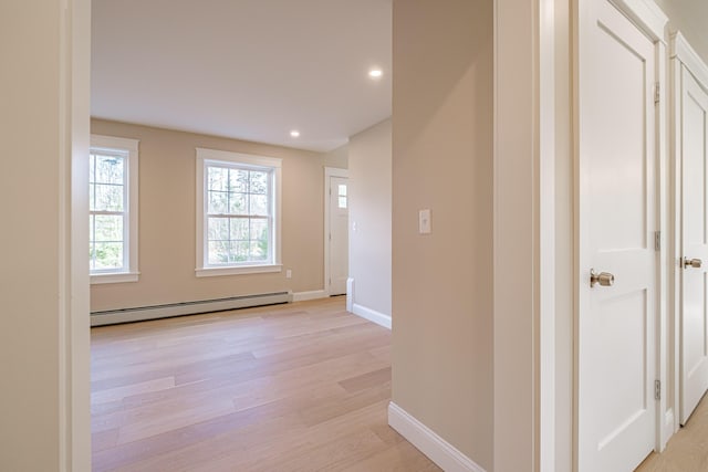 48 Highland Ave, Scarborough, ME 04074 - corridor with a baseboard heating unit, baseboards, light wood-style floors, and recessed lighting