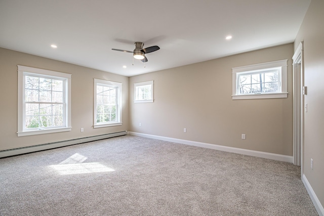 48 Highland Ave, Scarborough, ME 04074 - carpeted empty room featuring baseboard heating, ceiling fan, baseboards, and recessed lighting