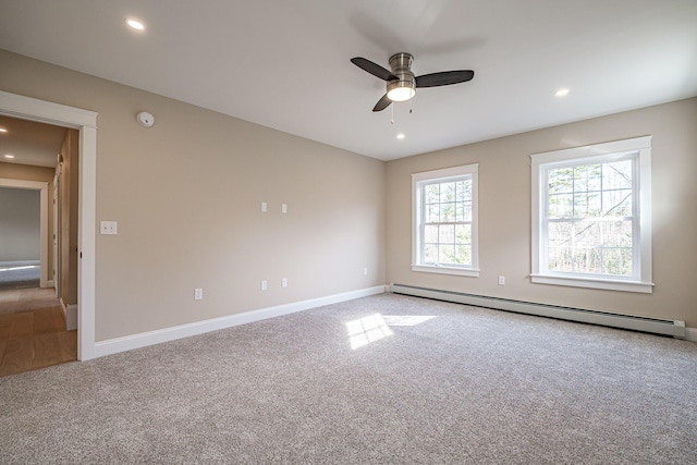 48 Highland Ave, Scarborough, ME 04074 - carpeted empty room with a baseboard radiator, baseboards, ceiling fan, and recessed lighting