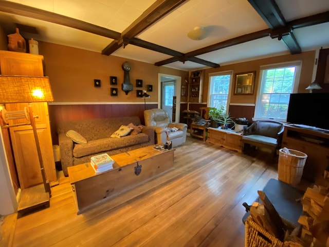 1361 Pleasant St, Blue Hill, ME 04614 - living area with a wainscoted wall, light wood-type flooring, beamed ceiling, and wooden walls