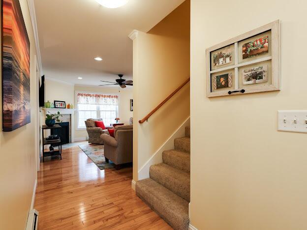 14 Connor Dr Unit 14, Gorham, ME 04038 - staircase with baseboards, a ceiling fan, recessed lighting, and wood finished floors