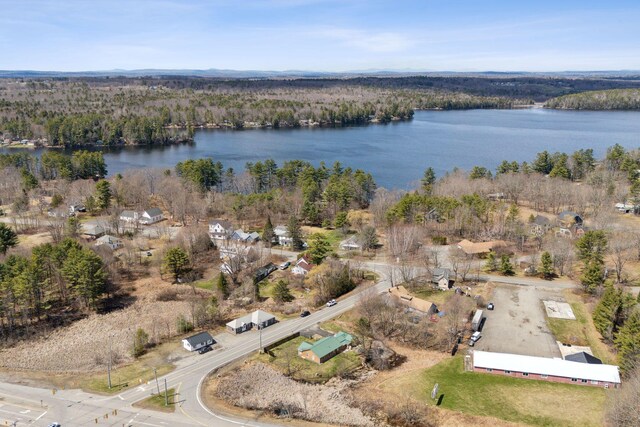 aerial view featuring a wooded view and a water view