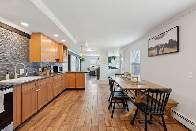 kitchen with a baseboard radiator, ornamental molding, light wood finished floors, a sink, and a peninsula
