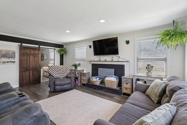 living area with ornamental molding, recessed lighting, dark wood-style flooring, and a healthy amount of sunlight