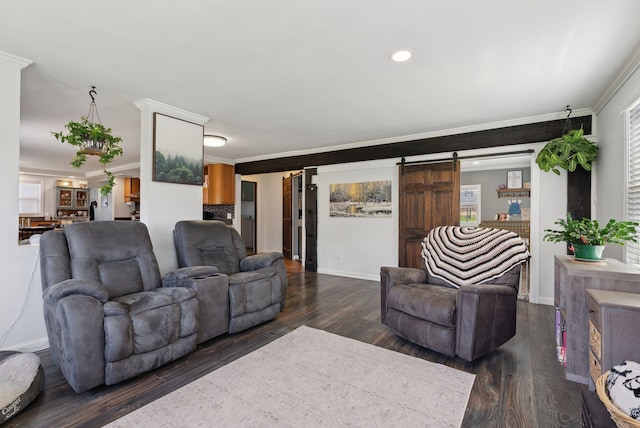 living area featuring crown molding, a barn door, and dark wood-type flooring