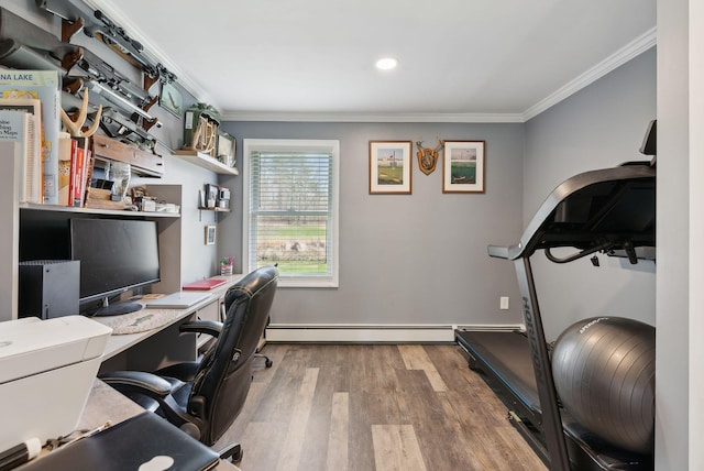 home office featuring crown molding, recessed lighting, wood finished floors, and a baseboard radiator