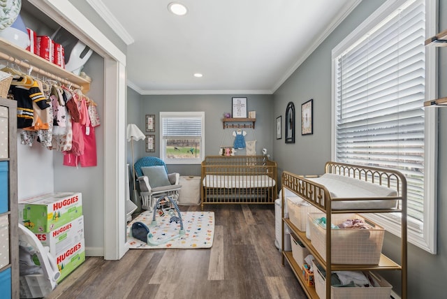 bedroom with recessed lighting, wood finished floors, and ornamental molding