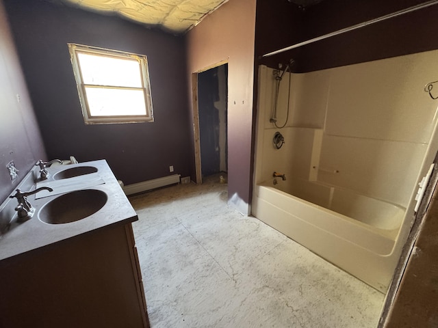 11 Dragonfly Dr, Windham, ME 04062 - full bathroom featuring shower / bath combination, a sink, baseboard heating, and double vanity