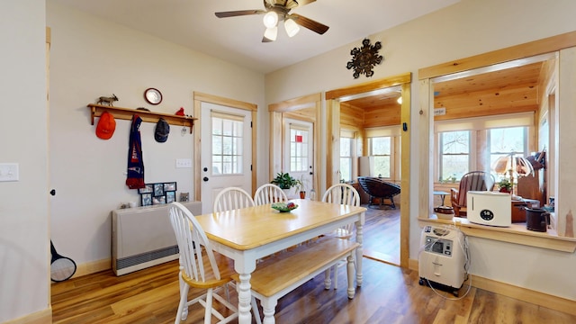 295 Cobb Hill Rd, Otisfield, ME 04270 - dining room featuring baseboards, ceiling fan, plenty of natural light, and wood finished floors