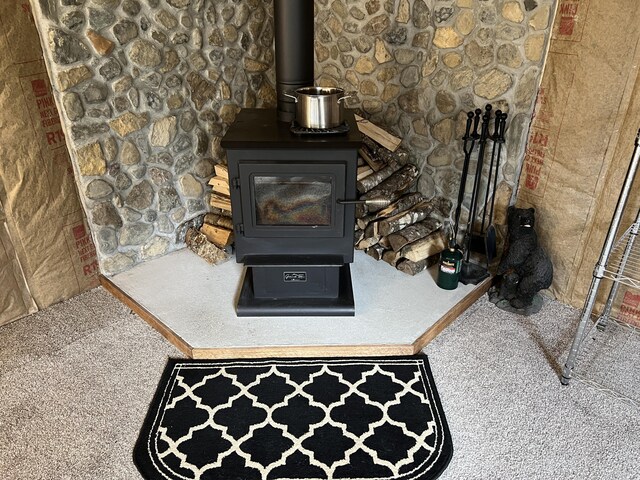 details with carpet flooring and a wood stove