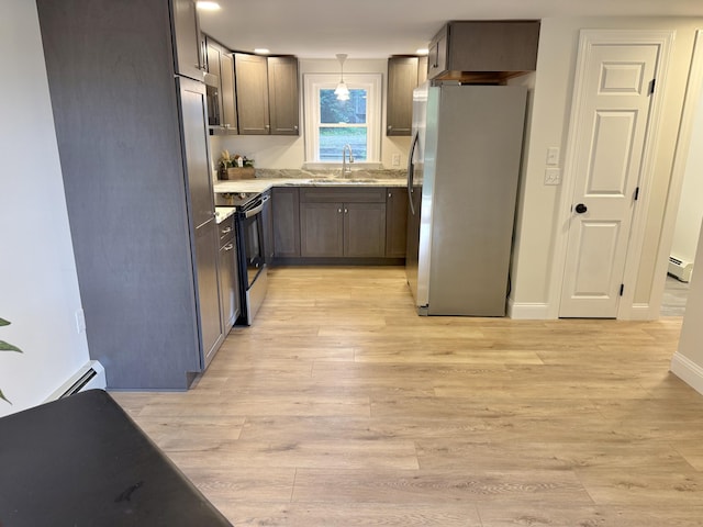 54 Boulder Rd, Raymond, ME 04071 - kitchen with appliances with stainless steel finishes, light wood-style flooring, baseboard heating, light countertops, and pendant lighting
