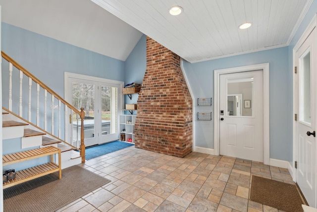 entryway featuring recessed lighting, baseboards, french doors, and stairway