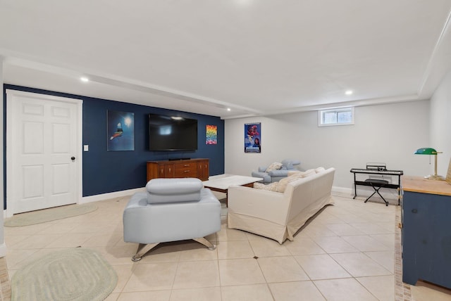 living area with recessed lighting, baseboards, and light tile patterned floors