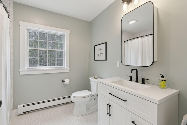 bathroom featuring vanity, curtained shower, toilet, baseboards, and a baseboard radiator