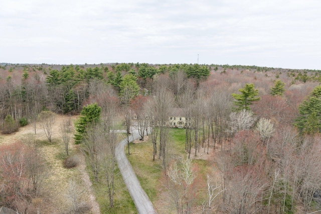 bird's eye view with a wooded view
