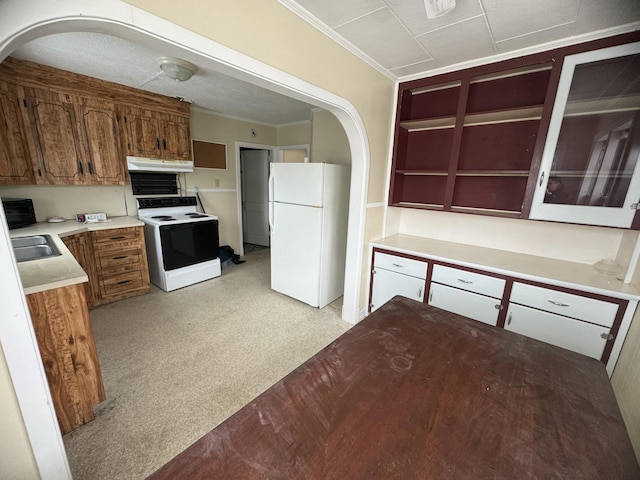 334 Main St, Madawaska, ME 04756 - kitchen featuring white appliances, arched walkways, under cabinet range hood, crown molding, and a sink