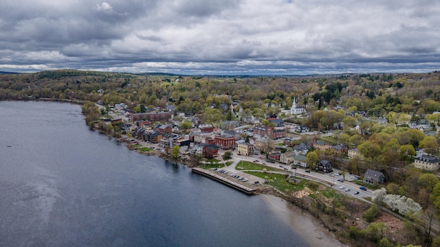 drone / aerial view with a wooded view and a water view
