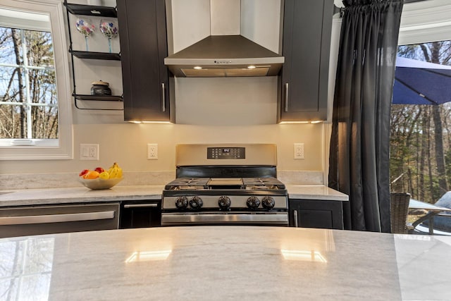 64 Rolling Brook Rd, Raymond, ME 04071 - kitchen featuring wall chimney range hood, open shelves, gas range, light stone countertops, and dishwasher
