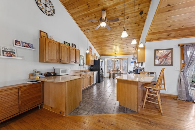 kitchen featuring stainless steel dishwasher, white microwave, a peninsula, and wood ceiling