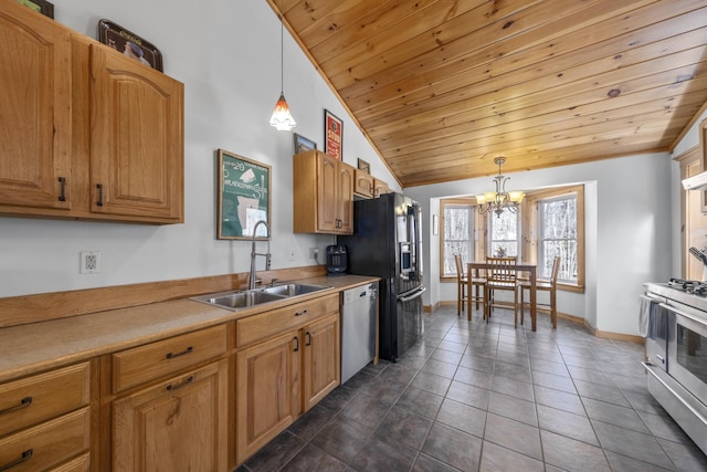 kitchen featuring an inviting chandelier, wood ceiling, appliances with stainless steel finishes, a sink, and lofted ceiling