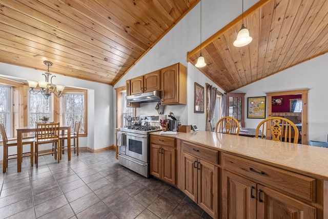 kitchen featuring double oven range, a chandelier, vaulted ceiling, and under cabinet range hood