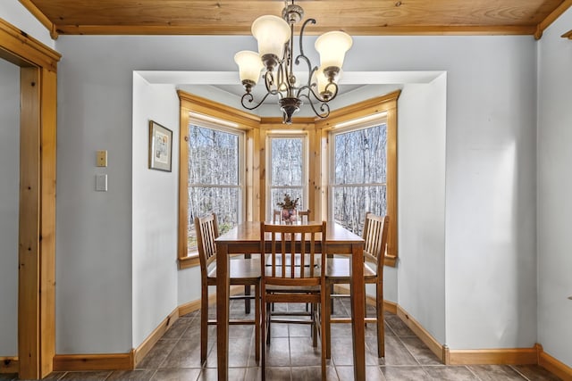 dining room featuring an inviting chandelier, baseboards, tile patterned floors, and a healthy amount of sunlight