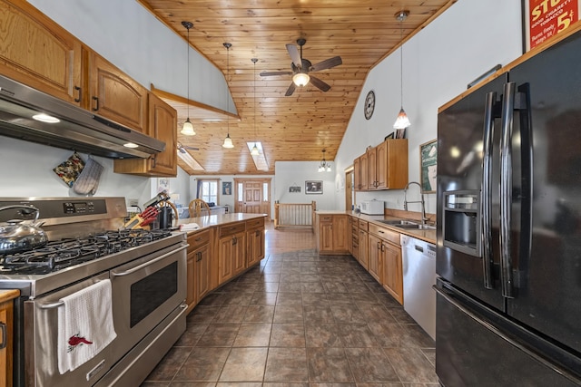 kitchen with a sink, appliances with stainless steel finishes, under cabinet range hood, wooden ceiling, and a peninsula