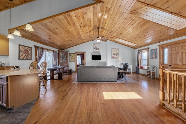 living area featuring lofted ceiling, dark wood-type flooring, and wood ceiling