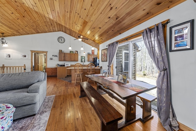 dining area featuring wood ceiling, ceiling fan, hardwood / wood-style flooring, and vaulted ceiling