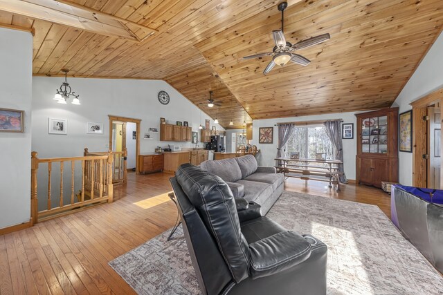 living area featuring wooden ceiling, vaulted ceiling, ceiling fan, light wood finished floors, and baseboards