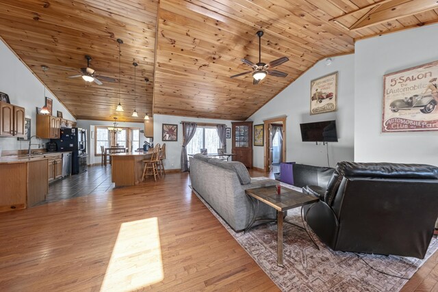 living area with lofted ceiling, wood finished floors, ceiling fan, and wooden ceiling