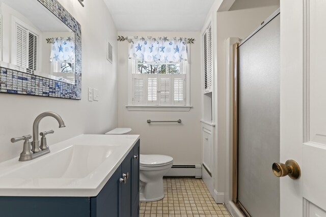 full bath with visible vents, toilet, vanity, a baseboard radiator, and a stall shower
