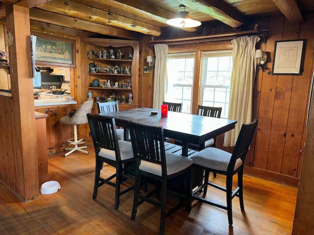 101 Mechanic St, Presque Isle, ME 04769 - dining space with wood ceiling, wood walls, beam ceiling, and wood-type flooring