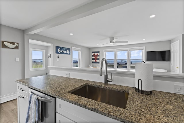 175 Beach Ave Unit 2, Kennebunk, ME 04043 - kitchen featuring recessed lighting, white cabinetry, a sink, dark stone counters, and ceiling fan