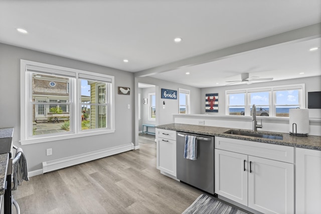 175 Beach Ave Unit 2, Kennebunk, ME 04043 - kitchen featuring white cabinets, stainless steel dishwasher, light wood-style flooring, a sink, and dark stone counters