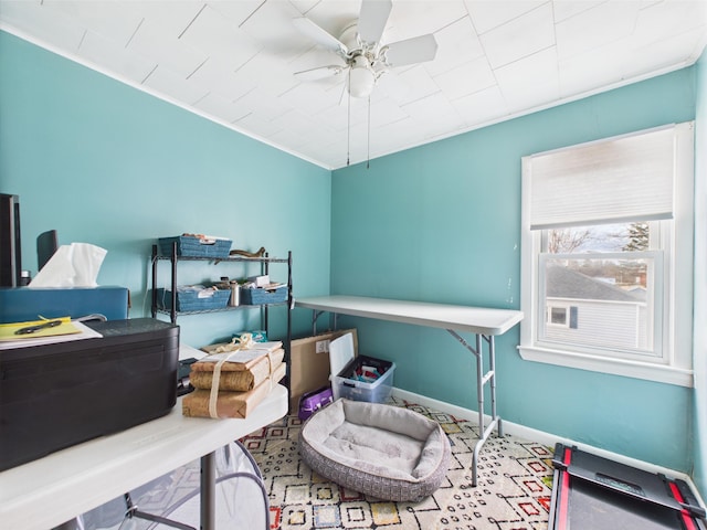 office area with crown molding, ceiling fan, and baseboards
